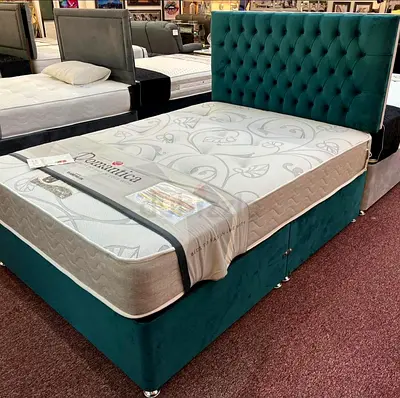 Teal Velvet Upholstered Bed Frame with Headboard