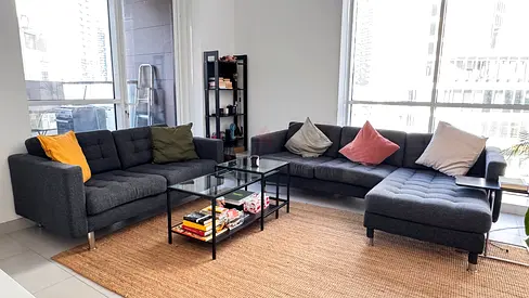 Dark blue Grey L-shaped Fabric Sofa with Chaise and Coffee Table and wall unit - Good Condition