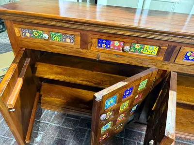 Solid Wood Sideboard with Colorful Hand-Painted Tile Accents from Art & Craft