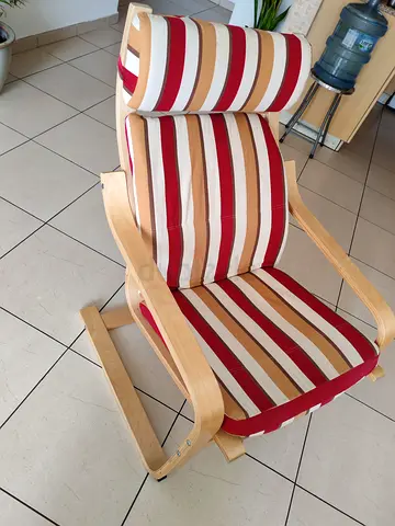IKEA Poäng-style Wooden Armchair with Striped Cushion (Good Condition)