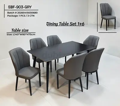 Dining Table Set 1+6 - Modern Grey Table with 6 Upholstered Chairs (L140 x W80 x H75cm)