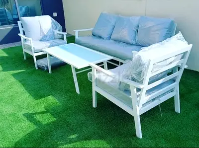 White outdoor sofa set with two armchairs and coffee table - brand new