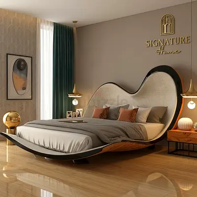 Modern Curved Designer King Bed with Upholstered Headboard