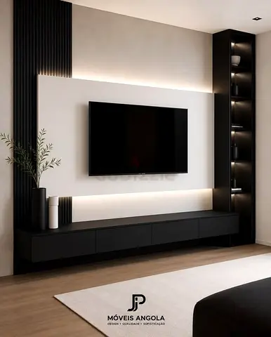 Modern black wall-mounted TV unit with shelving and LED backlight
