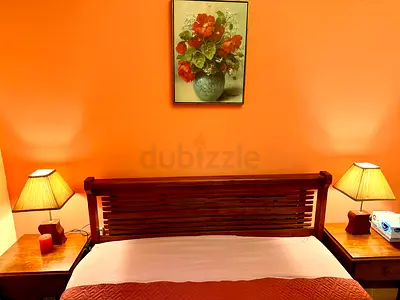 Queen size solid wooden bed with 2 side tables