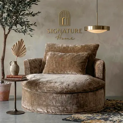 Large Round Velvet Accent Chair / Swivel Lounger - Neutral Taupe