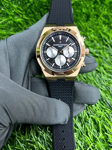 Vacheron Constantin style chronograph watch with black rubber strap
