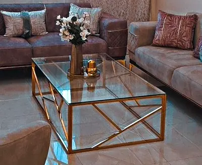 Glass Top Coffee Table with Gold Geometric Metal Frame