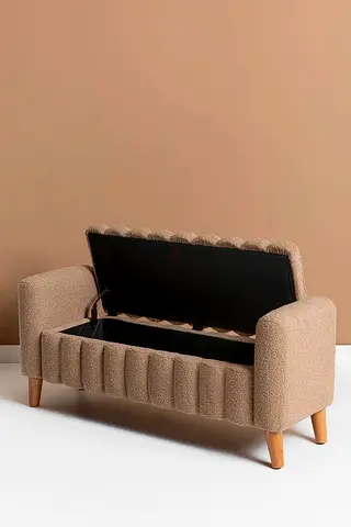 Beige Upholstered Storage Bench with Wooden Legs