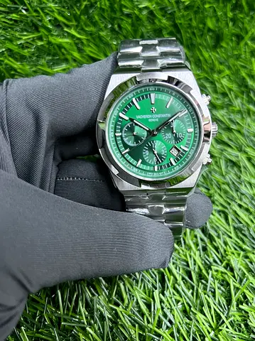 Vacheron Constantin-style Stainless Steel Men's Chronograph Watch with Green Dial