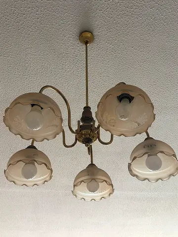 A set of two Vintage 5-Arm Brass Chandelier with Frosted Glass Shades