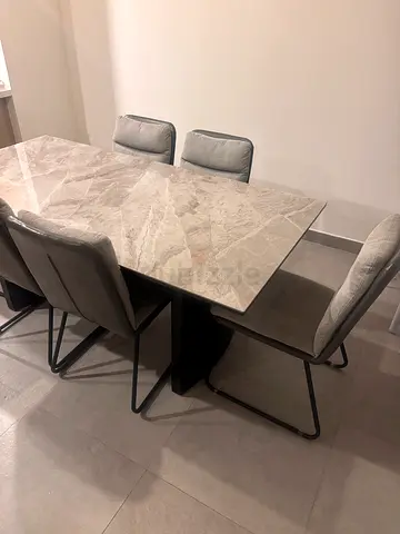Marble-top dining table with 6 upholstered chairs - modern set