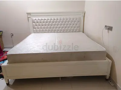 White Queen Bed Frame with Headboard and Mattress - Good Condition