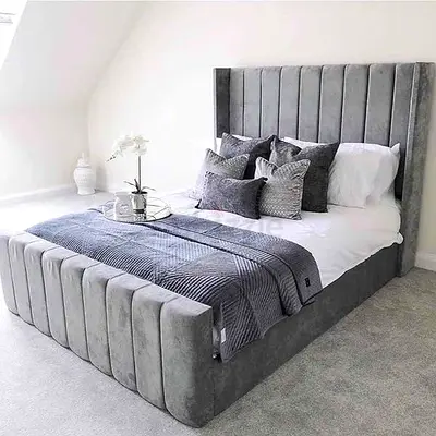 Grey Velvet Upholstered Bed Frame with Tall Channel-Tufted Headboard