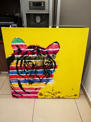 Colorful Striped Kitten Canvas Painting - Signed 100x100