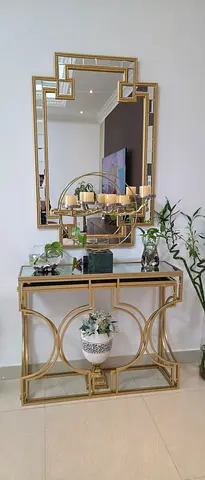 Gold Console Table with Matching Decorative Mirror - Set of 2