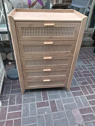 Solid Wood 5-Drawer Chest with Rattan Fronts – Natural Finish