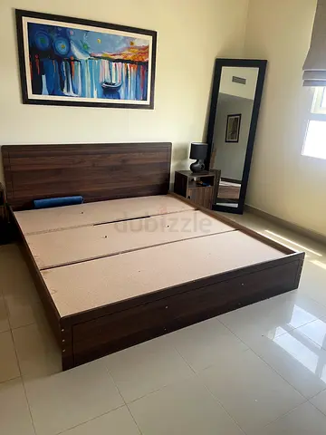 King size wooden bed frame with headboard and bedside table, dressing table, mirror and storage