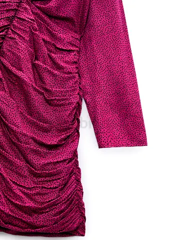 Purple ruched long-sleeve mini dress, spotted print, size unknown