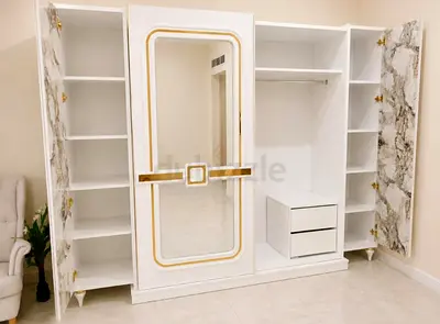 White and Gold 4‑Door Wardrobe with Mirror and Shelves