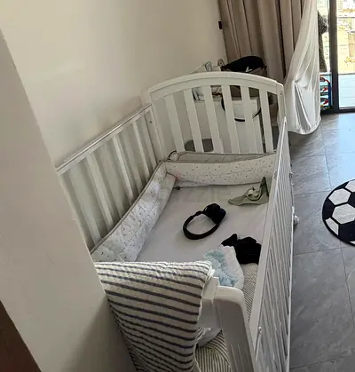 White Wooden Baby Crib - Good Condition, Includes Bumpers