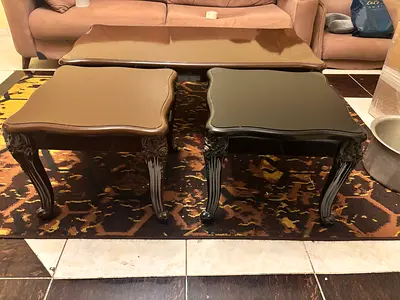 Set of 3 Wooden Coffee & Side Tables with Carved Legs - Brown/Black