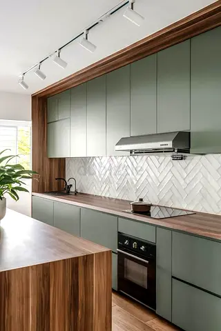 Modern matte green fitted kitchen cabinets with wood accents | Custom made kitchen cabinets