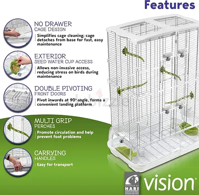 Vision Large Bird Cage with Perches and Exterior Seed Cups - White