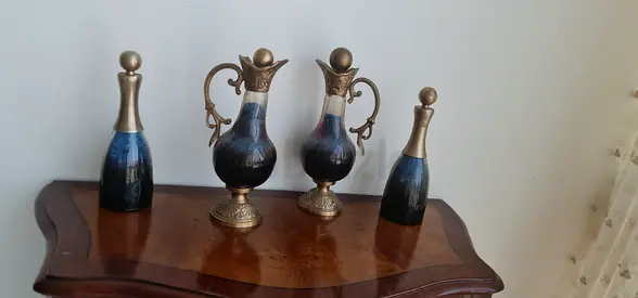 Set of 4 Vintage-Style Decorative Ewers and Bottles (Blue & Brass)