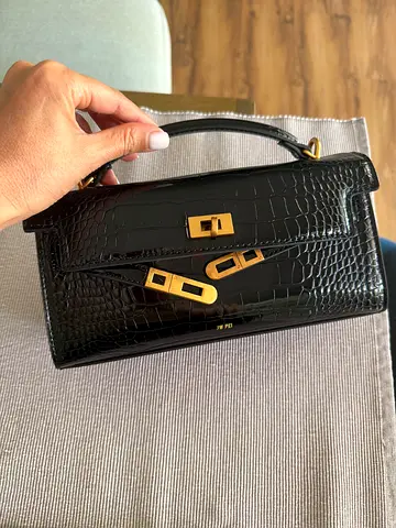 Black Croc-Embossed Leather Top-Handle Bag Black with Gold Hardware