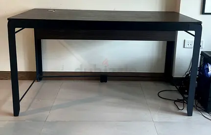 Solid dark wood office desk with metal frame - good condition
