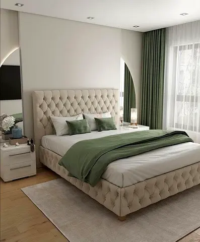 Modern Beige Tufted Upholstered Bed Frame