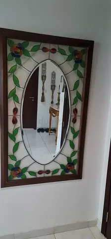 2 Vintage Stained Glass Framed Wall Mirror with Floral Motif