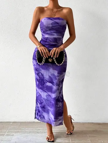 Purple Floral Print Bandeau Dress