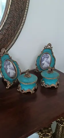 Pair of vintage turquoise enamel hinged trinket boxes with photo frames