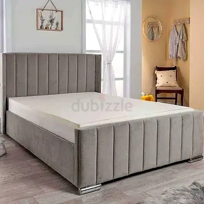 Grey Upholstered Double Bed with Vertical Channel Headboard