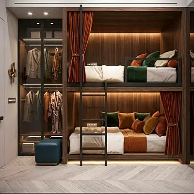 Custom Built-in Double Bunk Beds with Integrated Wardrobe (Wood Finish)
