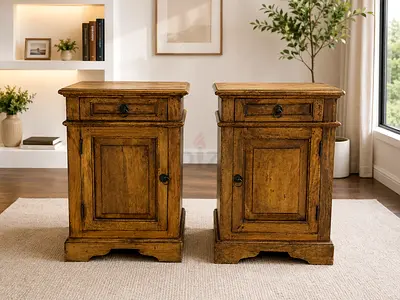 Marina Pair of Vintage Solid Wood Bedside Cabinets / Nightstands