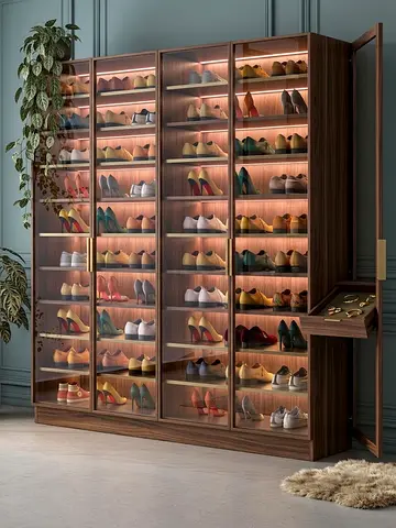 Large Wooden Glass-Front Shoe Cabinet with LED Lighting