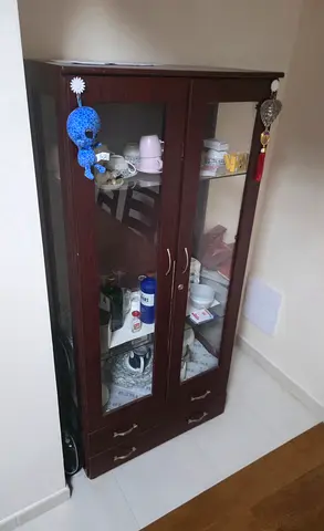 Dark Wood Glass Display Cabinet with Drawers - Good Condition