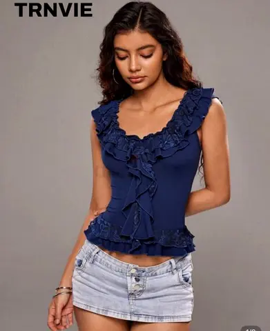 Buy one get one free TRNVIE Navy Blue Ruffle V-Neck Sleeveless Top