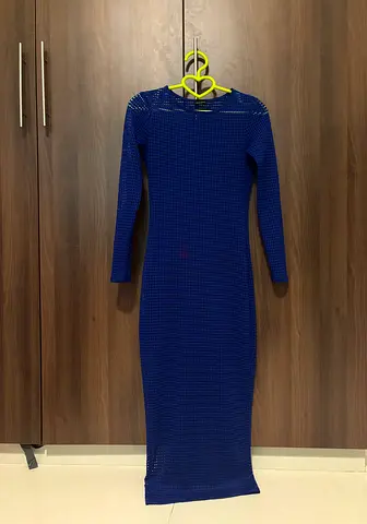 Blue mesh full sleeve bodycon long dress (River Island) - Size 6