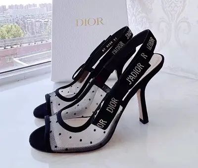 Christian Dior Black/ Beige Mesh and Suede Open Toe Slingback Sandals Size 38.5