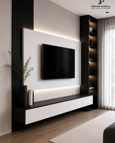 Modern wall-mounted entertainment center with shelving and LED backlight