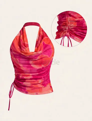 Pink red halter cowl-neck floral print sleeveless top, size small