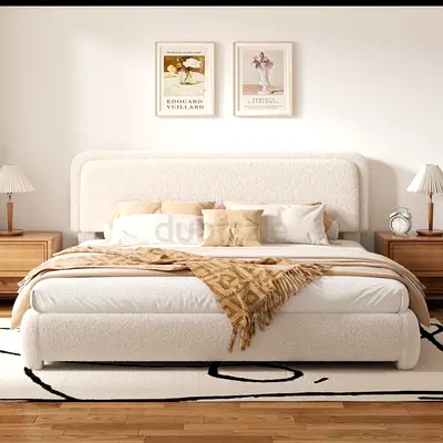 Low-profile upholstered double bed with headboard (cream boucle)