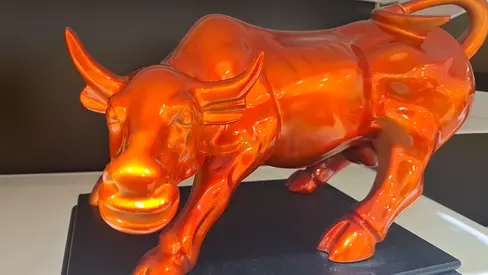 Orange Ceramic Bull Sculpture on Base — Decorative Collectible