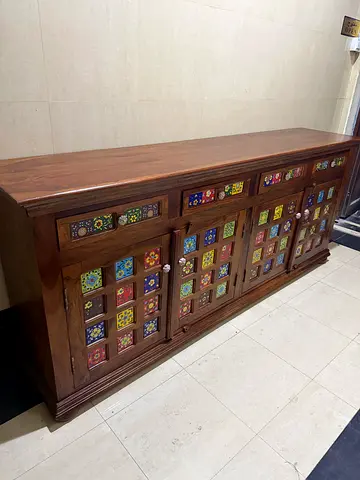 Solid Wood Sideboard with Colorful Inlay Tile Doors