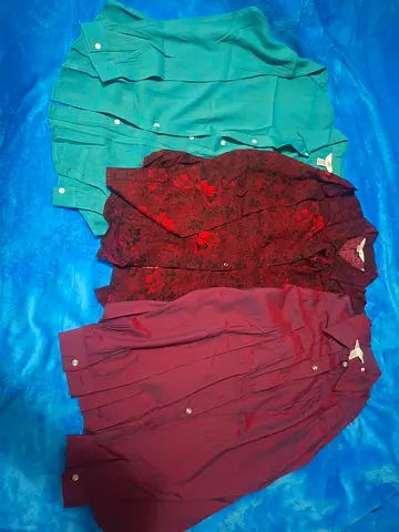 Lot of 3 womens long-sleeve blouses – teal, burgundy floral, maroon – good used condition