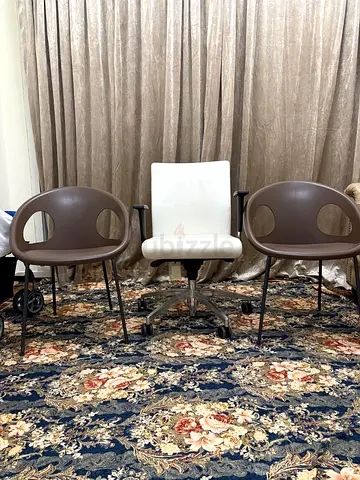 Set of 3 chairs — 2 modern brown side chairs + 1 white swivel office chair